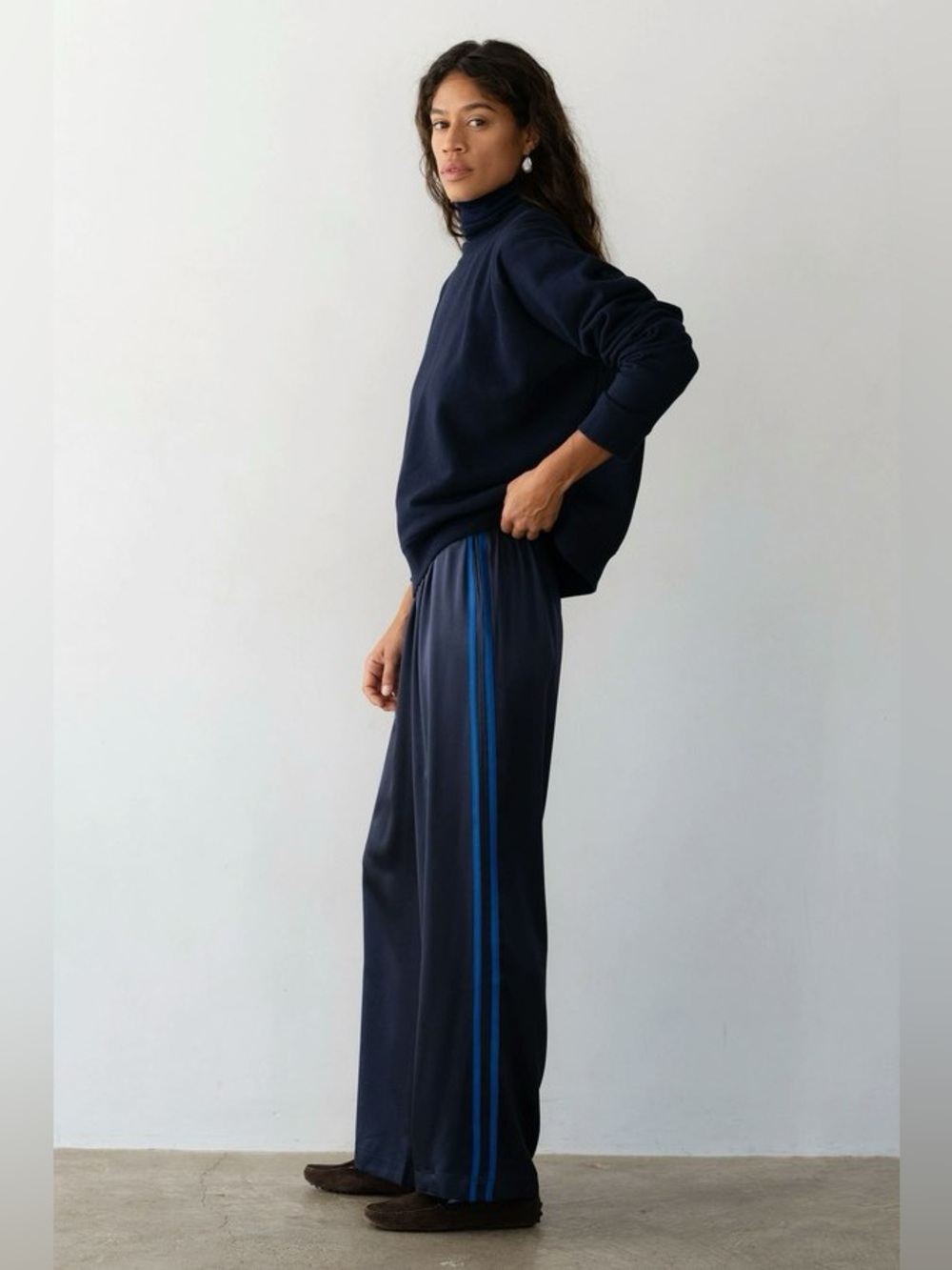 DONNI. THE SILK STRIPE SIMPLE PANT Navy Sz S - Picture 1 of 6
